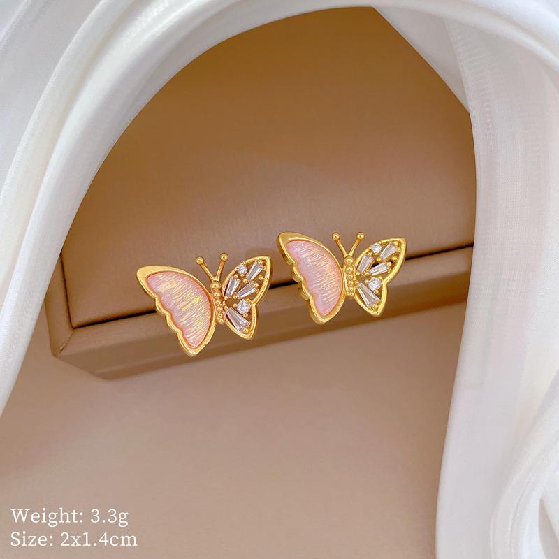 Necklace Earrings Set Light Luxury Full Of Diamonds Pink Butterfly Personality Temperament Banquet Earrings Item Group
