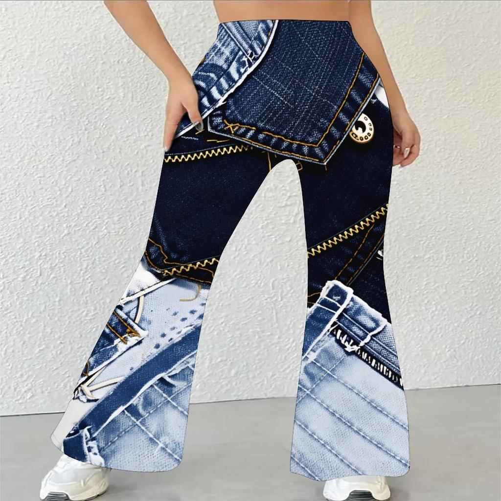 Kadın Gündelik Yüksek Bel İspanyol Paça Pantolon, Yıldız Baskılı Sokak Giyimi Bol Paça Pantolon