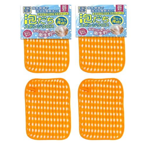 Life Taste Foaming Sponge Cloth, 4-Piece Set, Orange, Made In Japan, Foams with a Small Amount of Detergent, Drains Water, Dries Quickly, Cleans with