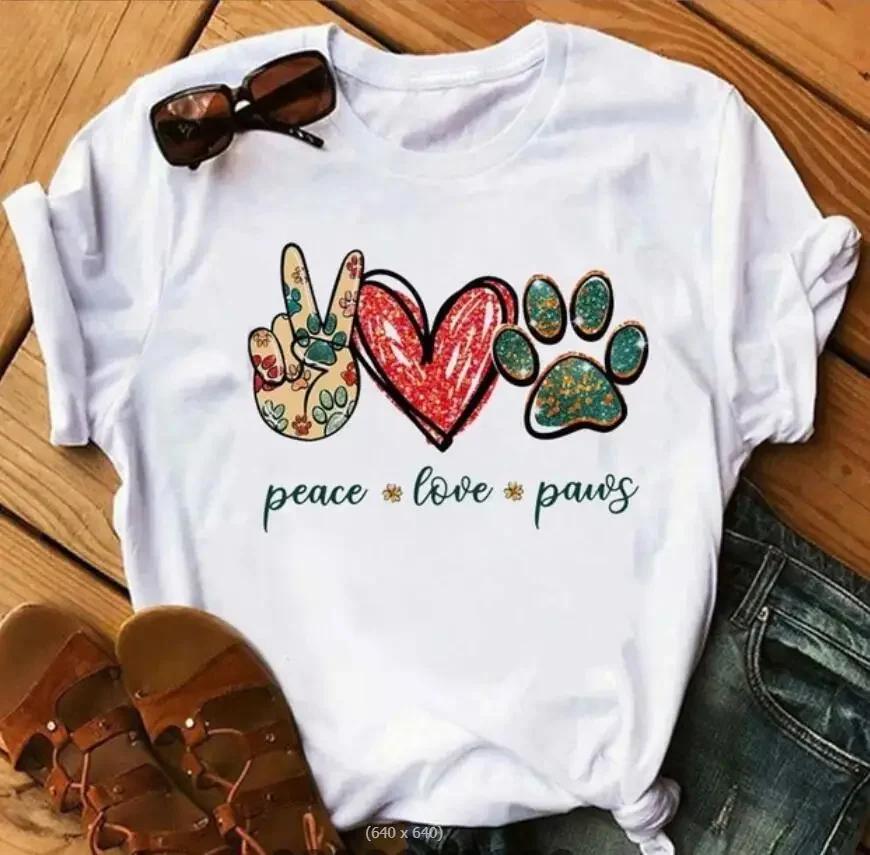 Women's Large Size Short Sleeve Crewneck T-Shirt Cartoon Hand-Painted Dog Paw Print Warm Polyester Fabric Summer Fashion