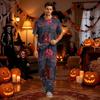 Men's Pajama Set Short Sleeve Top and Long Pants with Button Crotch and Elastic Waist Drawstring