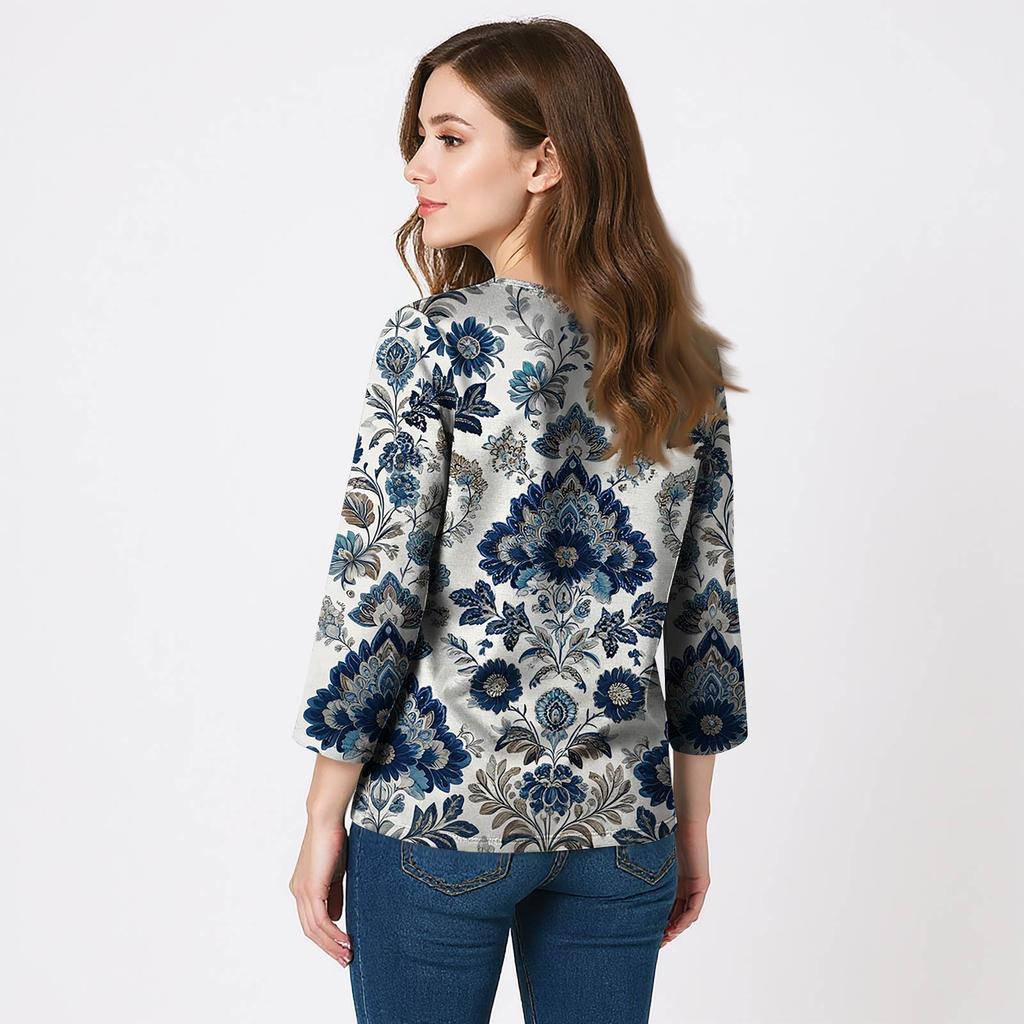 Women's 3/4 Sleeve Shirts V Neck Print Tops Casual Tops Basic Tees Blouse Loose Tops