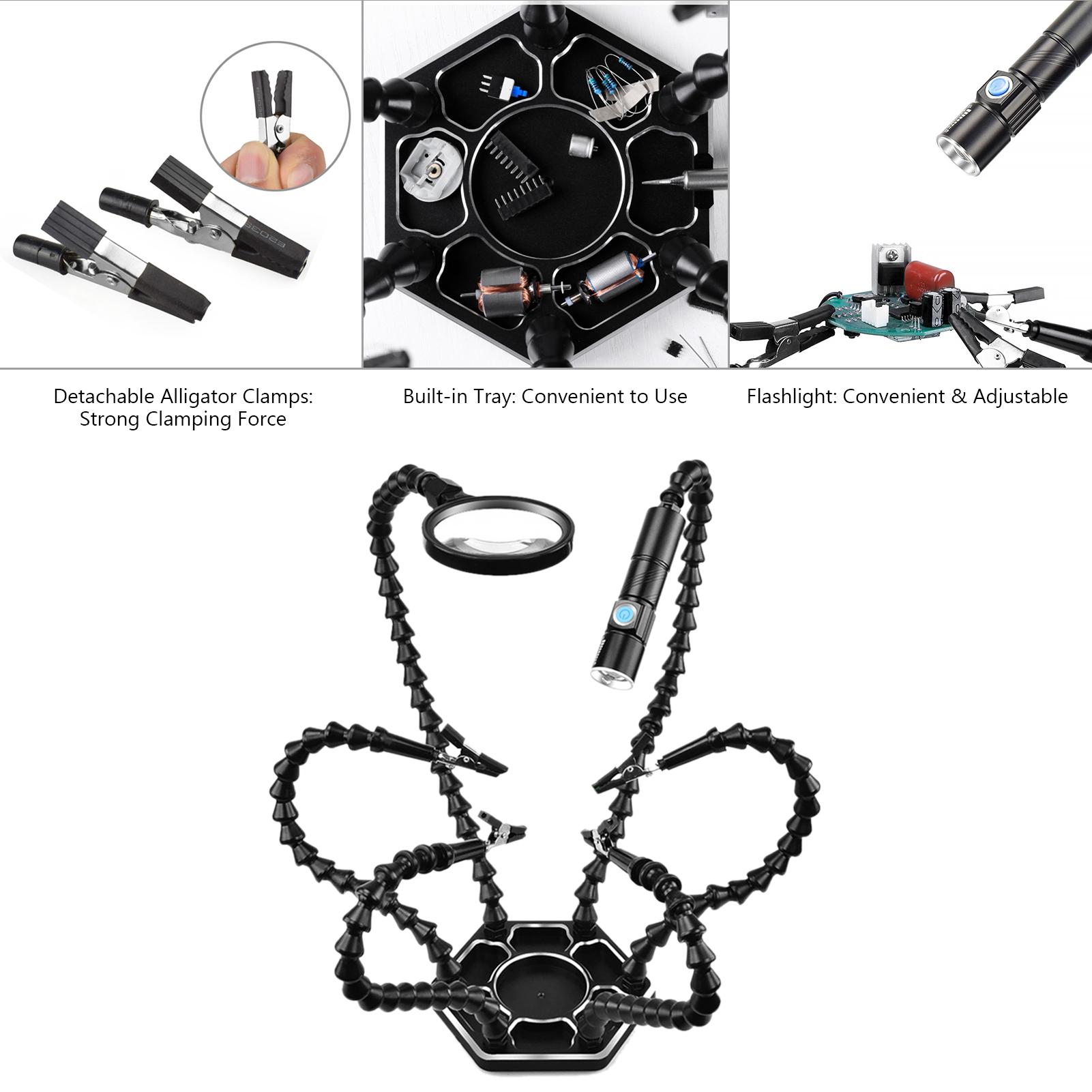 

Helping Hands Soldering Third Hand PCB Tool with 6 Flexable Arms Light Rotatable Clips and Stable Desk Clamp Base for чёрный