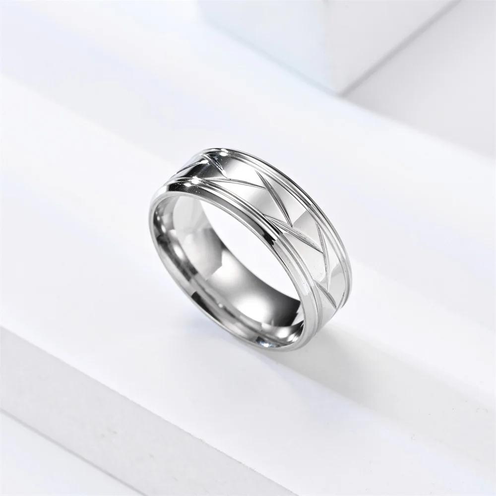 Fashion Men’s CopperColor Black Stainless Steel Ring Groove Multi-Faceted Rings for Men Women Engagement Ring Anniversary Gifts