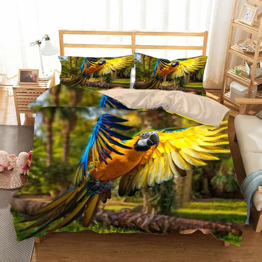 Macaw Bedding Set King/Queen Size Colourful Parrot Duvet Cover Boys Natural Tropical Green Plant Bird Polyester Quilt Cover