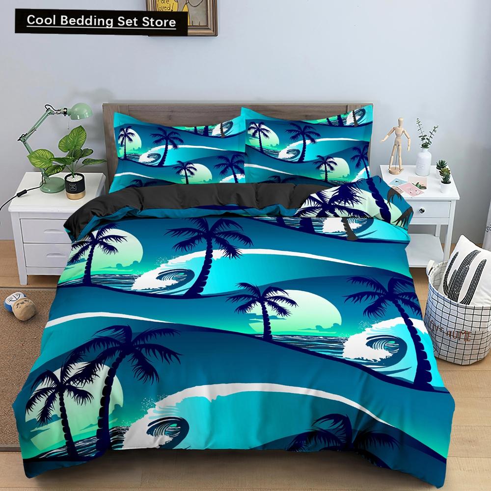 Tropical Coconut Palm Tree King Queen Duvet Cover Hawaii Seaside Sunset Bedding Set Sunrise Plant 2/3pcs Polyester Quilt Cover