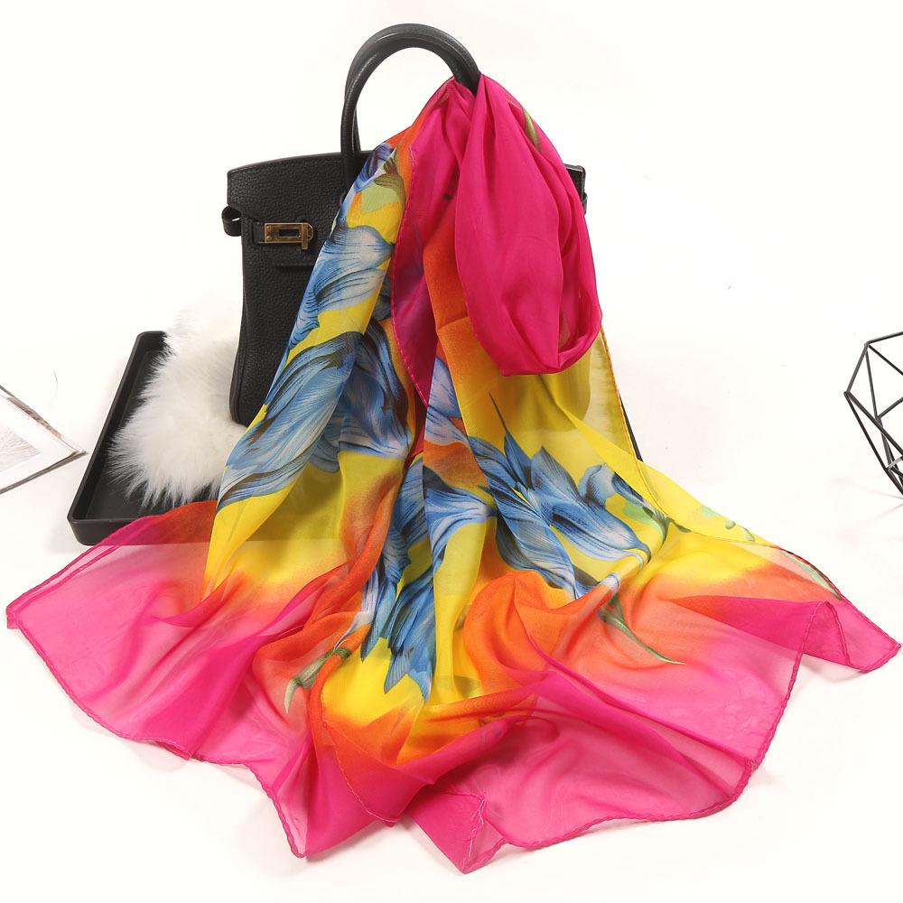 Chiffon Lotus Print Long Scarf - Lightweight, Thin Spring/Autumn Silk Accessory for Middle-Aged & Elderly