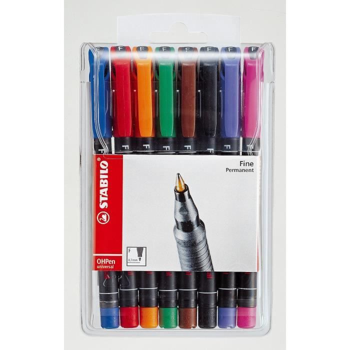 STABILO Pochette de 8 Stylos Feutre OHPen - Encre permanente - Pointe fine 0,7