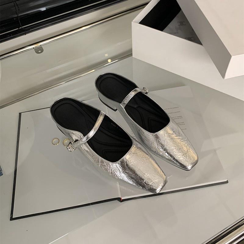Baotou half slippers women's summer outer wear spring and autumn new Korean version French evening breeze temperament silver single shoes thick heel s