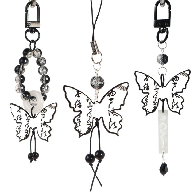 Black Butterfly Bead Pendant Phone Charm Straps Y2K Lanyard Purse Accessories