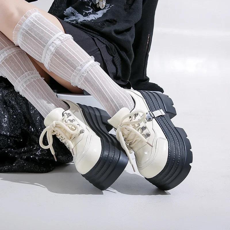 Fashion 10CM Women Leather Platform Sneakers Spring Ladies Wedge Heels Chunky Shoes Pumps Woman Lace-Up Thick Sole Casual Walking Shoes