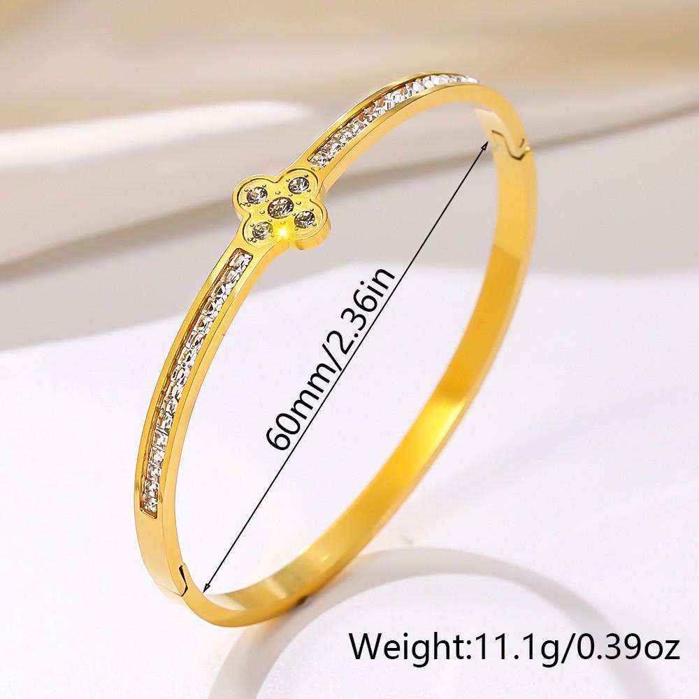 Elegant Four-Leaf Clover Zircon Bracelet: Gold-Plated Titanium Steel Floral Jewelry