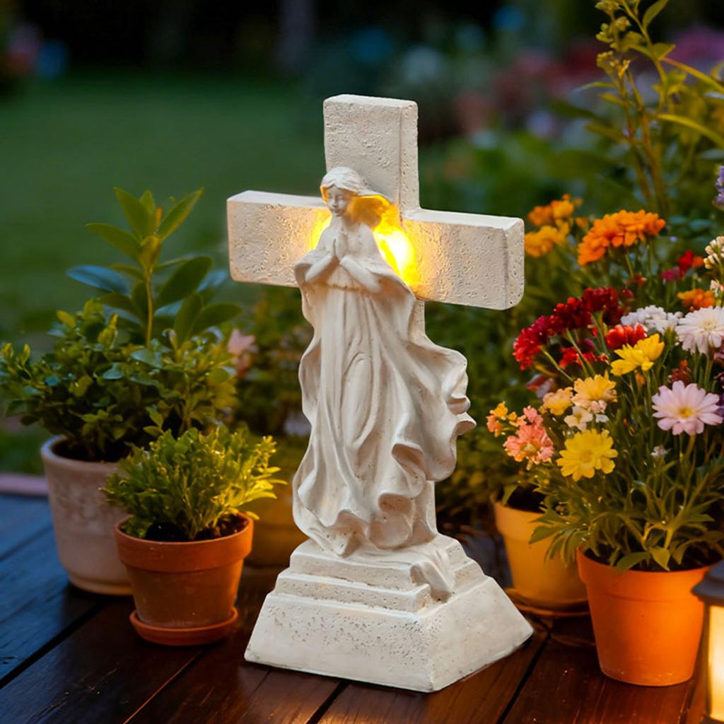 Solar,powered Mary Cross Ornament For Cemetery Memorial Garden Outdoor Resin Crafts