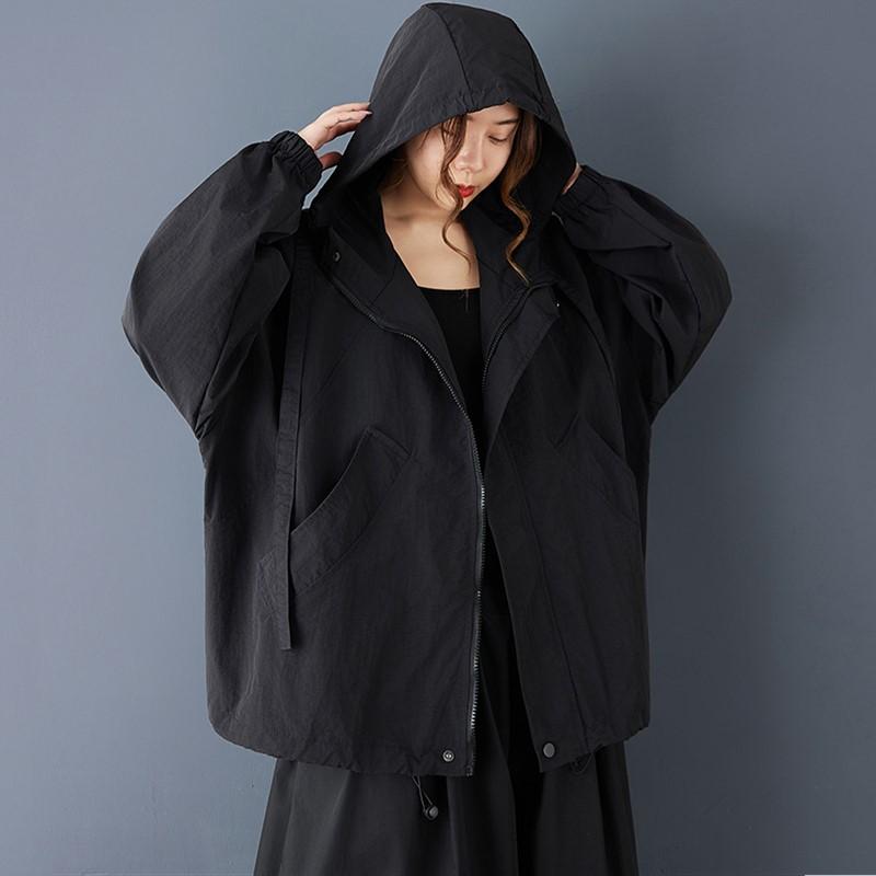 Übergroße Vintage schwarze Kapuzenjacken für Damen Oberbekleidung lässig locker Frühling Herbst Jacke Mantel