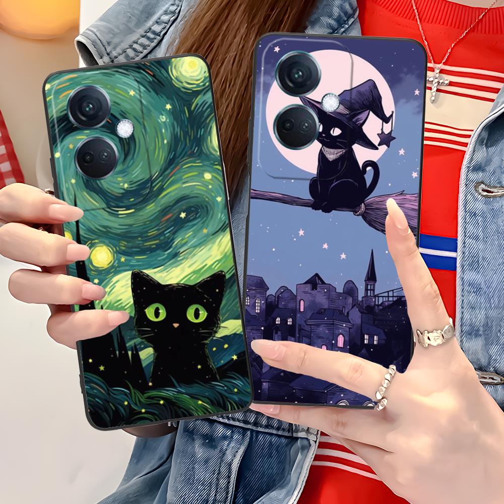 Luna Moon Cat Mobile Phone Case for OPPO Reno 14 13 12 11 10 9 8 7 6 5 F T Pro 5G Colorful Printing Cover Cover Pretty Luxury