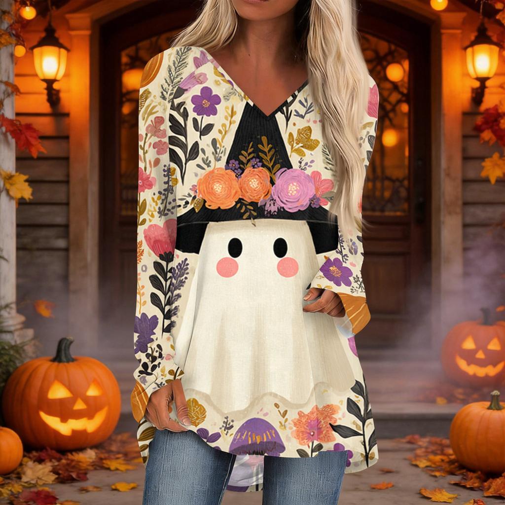 Women's Casual Long Sleeve V-Neck Print Mid-Length Tunic Top