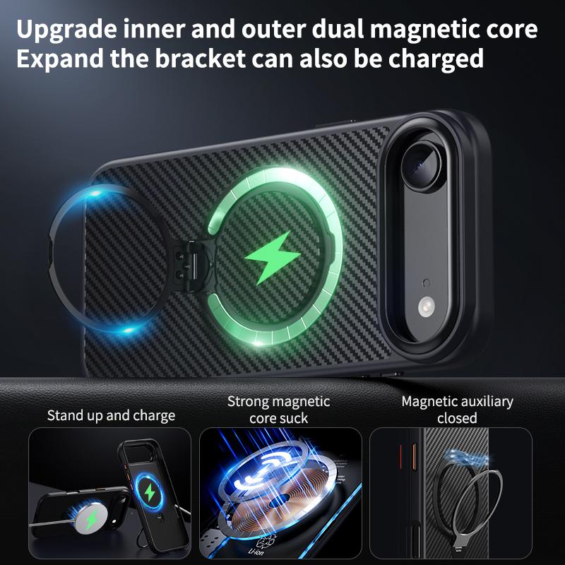 Carbon Fiber Rotating Stand Magnetic Magsafe Phone Case for IPhone 17 16 15 14 13 12 Pro Max 17Air 16E Metal Camera Frame Button