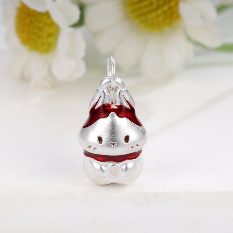 Sterling Silver 999 Little Rabbit Painted Pendant with Woven Rope Charm серебряный