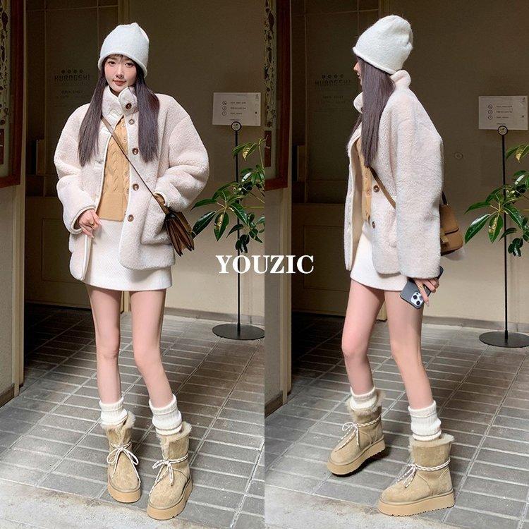 Rindsleder-Version Riemen dicke Sohle Schneestiefel Damen 2025 neu Samt warm Nordost große Baumwollstiefel verdickt flauschige kurze Stiefel