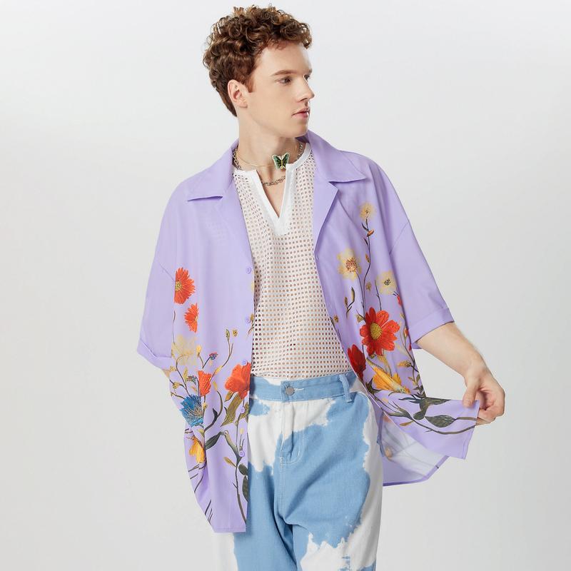 INCERUN Men Floral Printed Short Sleeve Hawaiian Shirts Oversized Lapel Buttons Tops