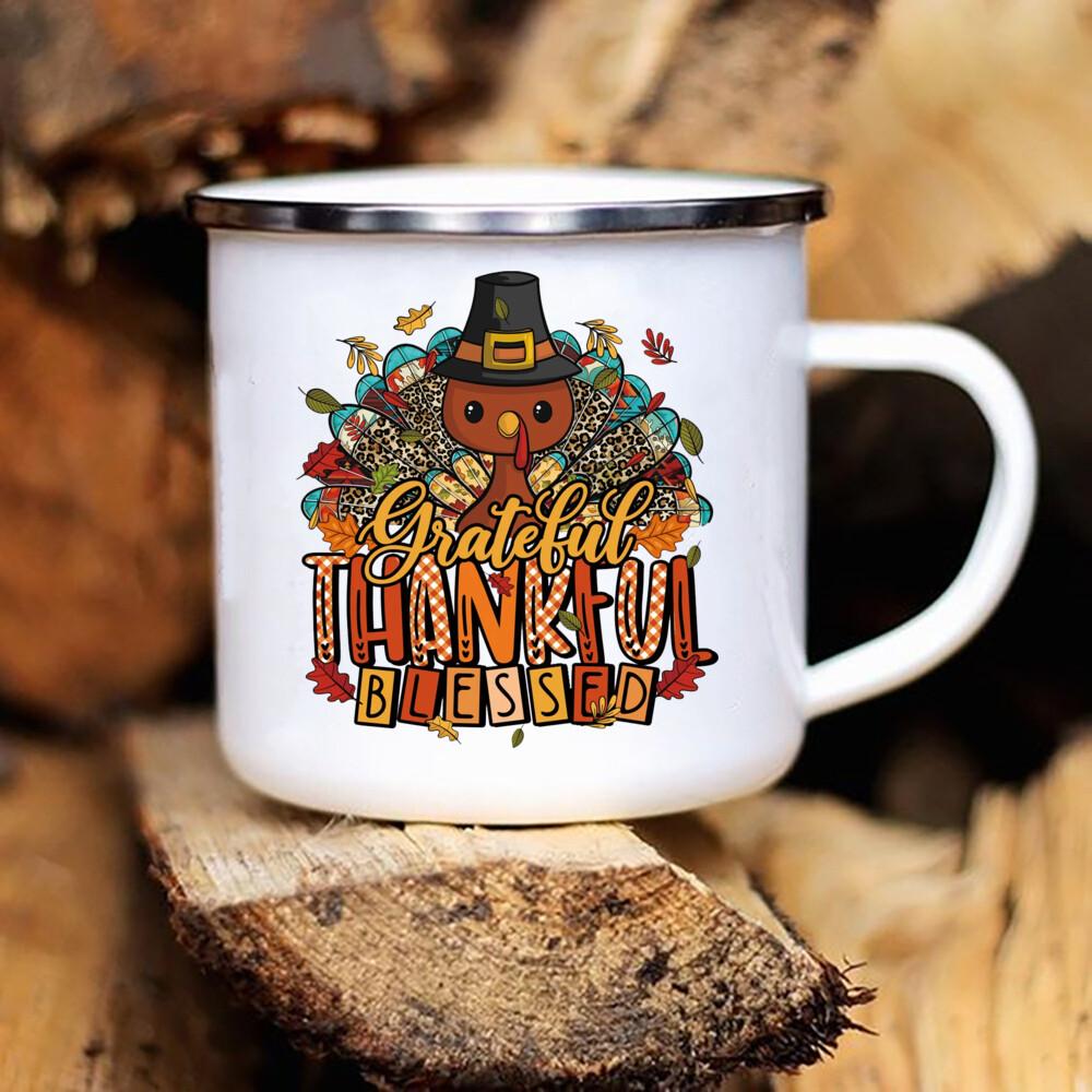 Vděčný a Požehnaný Tištěné Smaltované Hrnky Hrnky na Kávu Večírek Díkůvzdání Hrnky na Víno Džus Dezert Mléko Hrnky s Uchem Dárky