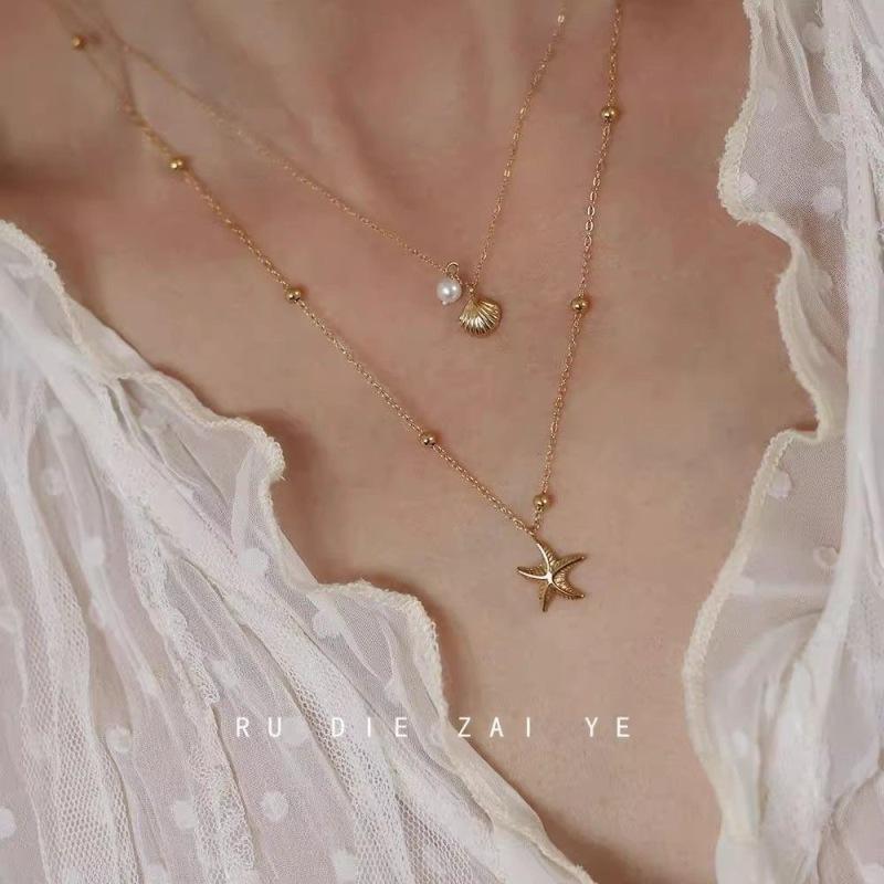 European Ocean Style Faux Pearl Clavicle Chain, Multi-layer Stackable Necklace with Starfish & Shell Pendants