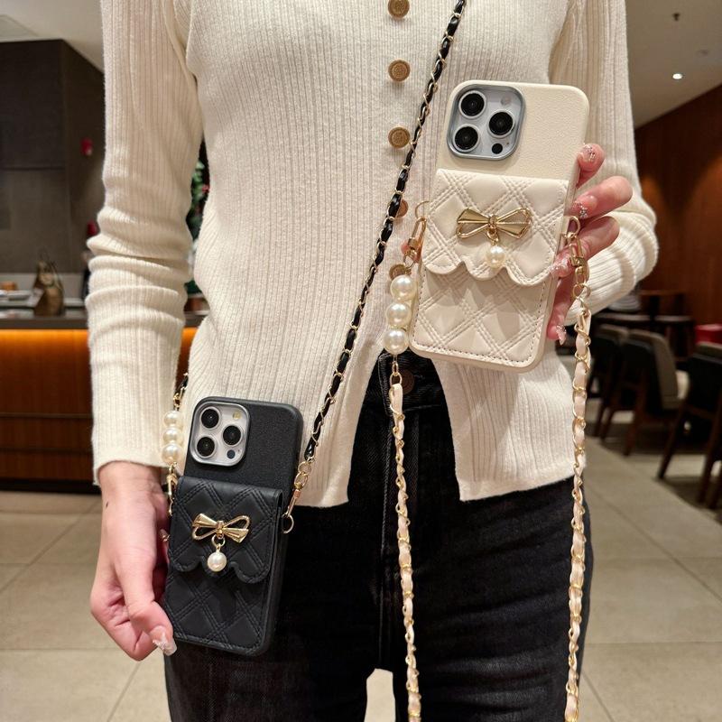 Tide Brand Leather Pattern Is Suitable for VIVO V30E Mobile Phone Case, Xiaoxiangfeng Pearl Card Bag Y100i Fashion Messenger Hanging Chain.