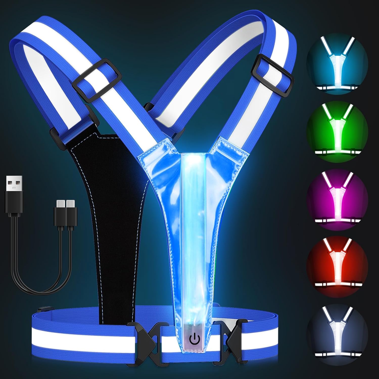 

LED Reflective Vest Running Gear, 5 Lights Colors High Visibility Reflective Running Gear Rechargeable Light Up Running Vest for Running Adjustable 1 синий