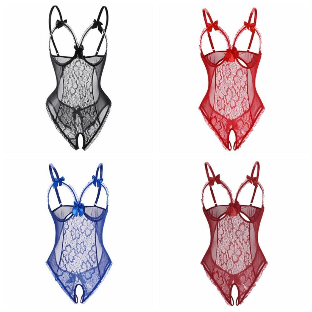 Deep V Women Underwear Open Crotch Lace Sling Nightwear Sweet Lace Bow Bodysuit Gifts