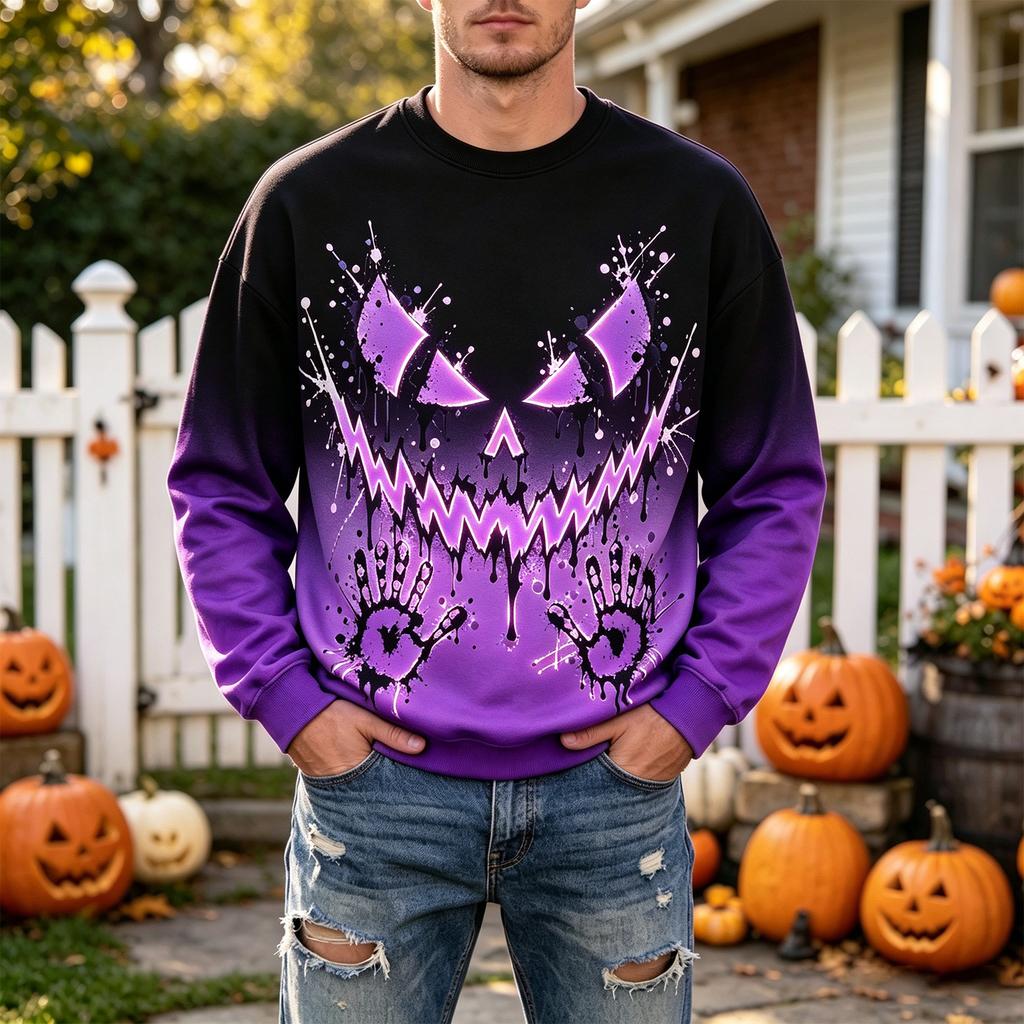 Men's Casual Halloween Printed Neck Long Sleeve Sweatshirt Pullover