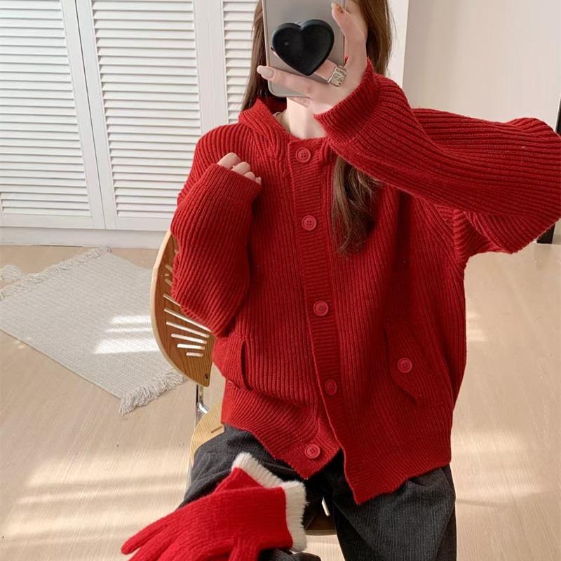 Lazy Wind Sweater Jacket Women's Autumn and Winter Fashion Casual Hooded Top Loose Age-reducing Versatile Knitted Cardigan