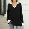 Women's Fashionable Lapel Long Sleeved Color Blocked Loose Casual Pullover Top