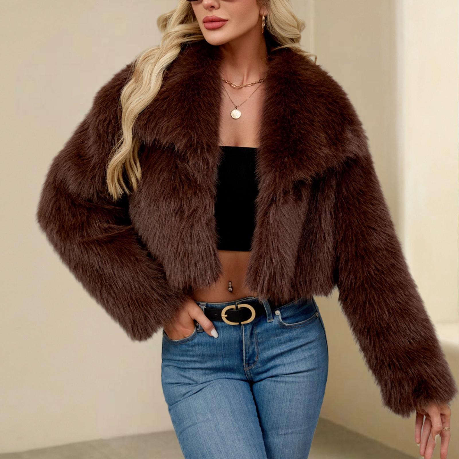 

Модная женская плюшевая короткая куртка с воротником-стойкой XXL кофейный