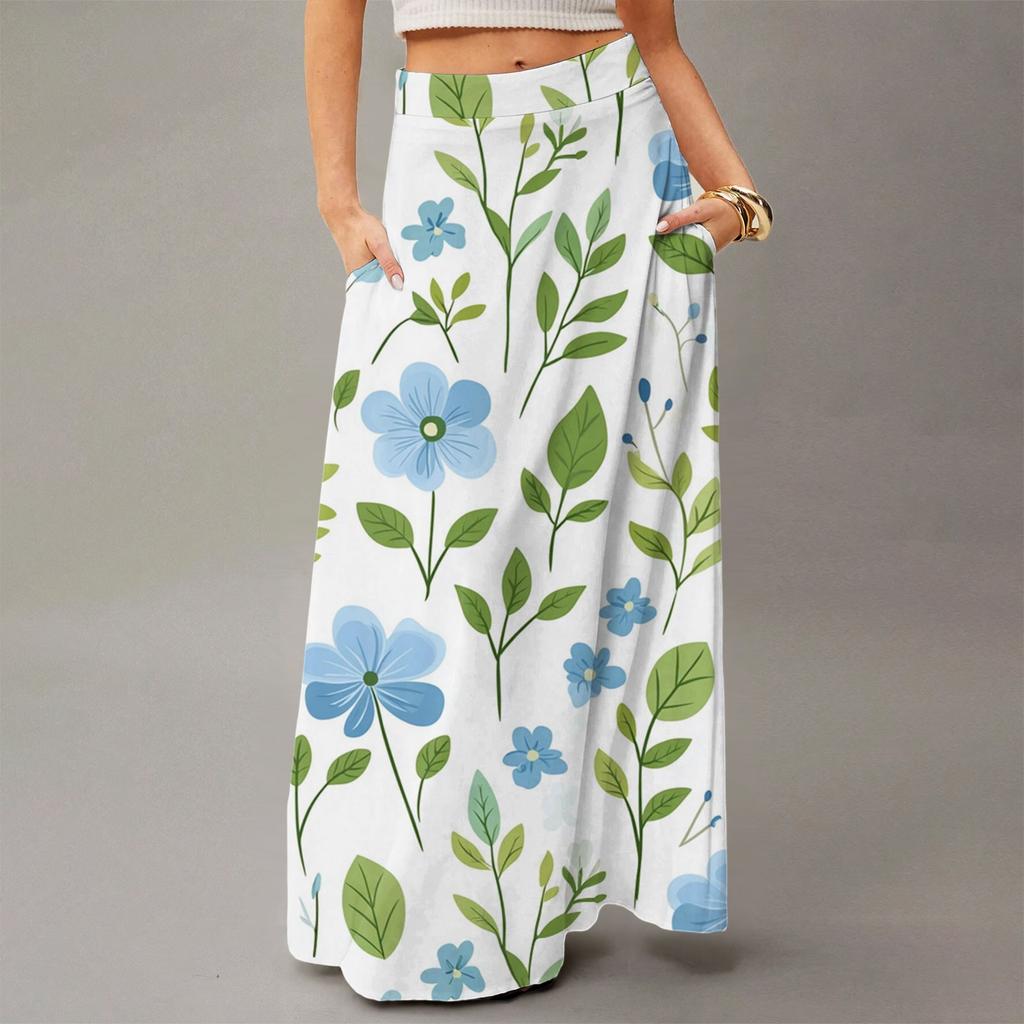 Damen Lässig Freizeit Faltbar Blumenmuster Hohe Taille Mit Tasche Drapierter Entspannter Langer Maxi-Rock