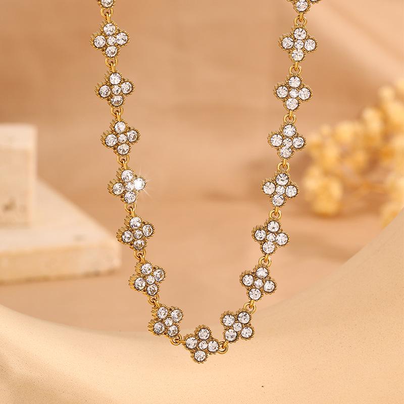 Colorful Diamond Four-Leaf Clover Jewelry Set - Necklace, Bracelet & Earrings for Women