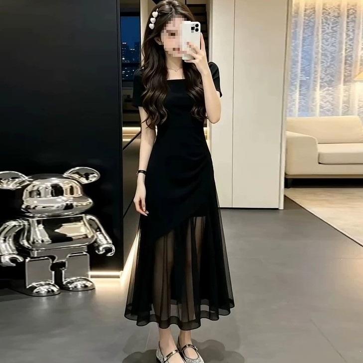French Temperament Hepburn Style Black Mesh Splicing Dress Women's Summer Waist Hip Umbrella Long Skirt