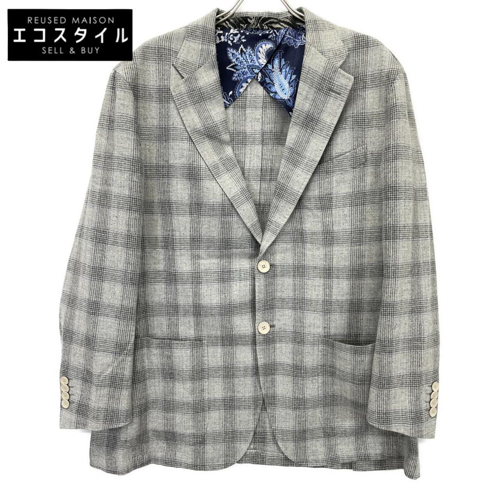 ETRO 2010 Gray Silk Linen Wool Glen Check 2B Tailored Jacket Jacket 60 grayUsed