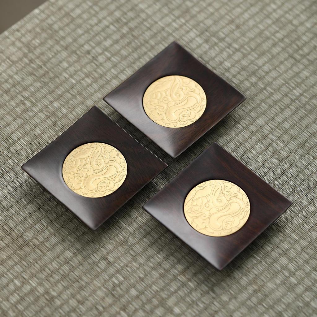 Suport pentru cești de ceai din lemn masiv cu incrustație de cupru – Pad izolator anti-opărire pentru birou și accesorii pentru set de ceai Kung Fu