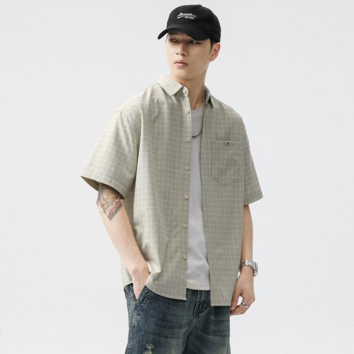 

Летняя жаккардовая клетчатая рубашка в рабочем стиле, мужская рубашка с лацканами, свободная, повседневная, с короткими рукавами, мужская 4XL