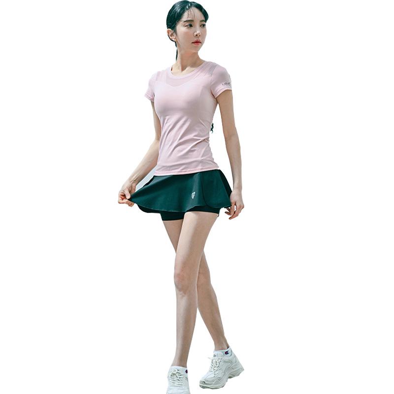 Women's Quick-Dry High-Waisted Faux Two-Piece Yoga Set with Chest Pads - Summer Short-Sleeved Top and Shorts