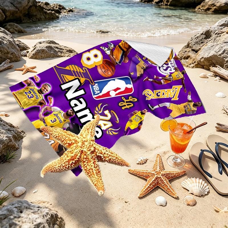Custom Name Personalized NBA Print Beach Towel, for Trip Camping Beach Party Home Decor, Birthday Gift for Family & Friends