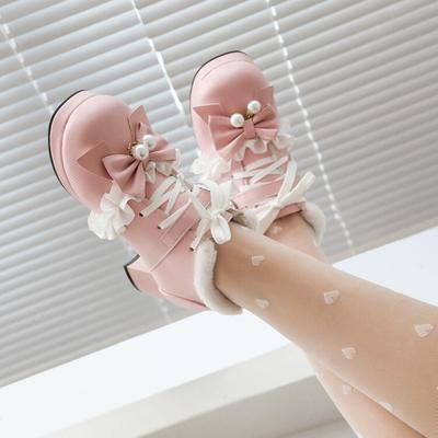 Spring and Autumn New Children's Leather Shoes Solid Color Princess High Heels Bow Lace Lolita Lolita Girls Single Shoes