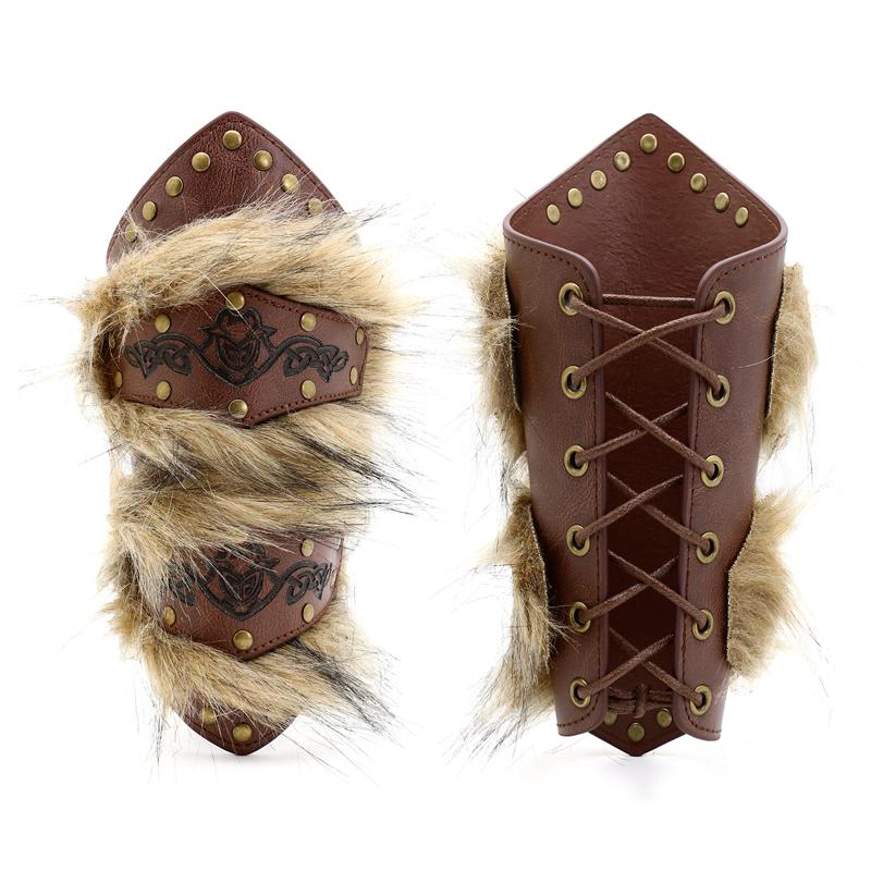 Faux Leather Wrist Guards Medieval Steampunk Arm Bracers with Fur Armor for Halloween Cosplay Costume Props Accessory