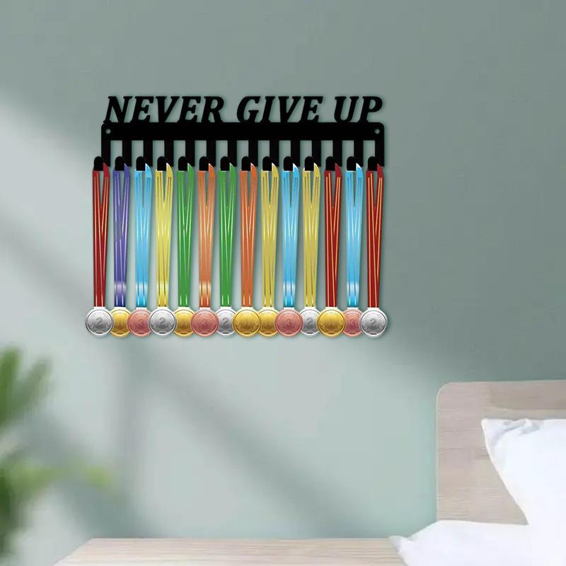 1Pcs Metal Wall-Mounted Medals Display Rack Never Give Up Design Inspirational Medal Holder Athletic Achievements Showcase Decor