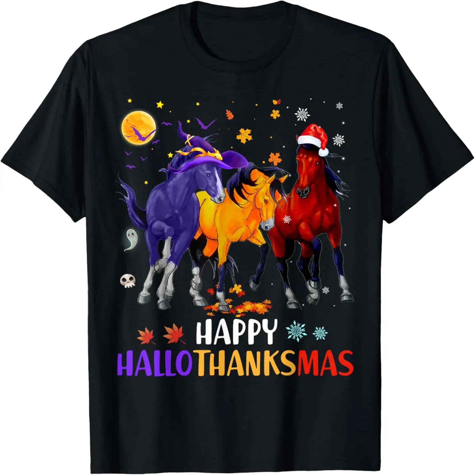 Happy Hallothanksmas Horse Halloween Thanksgiving Christmas T-Shirt S