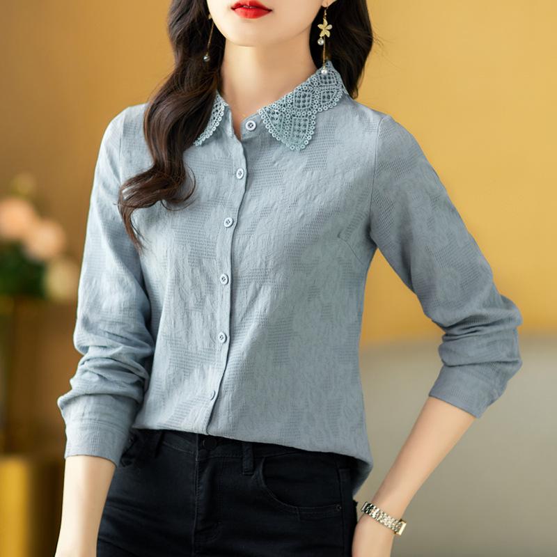 2023 Spring Women's Cotton Jacquard Shirt with Doll Collar and Long Sleeves