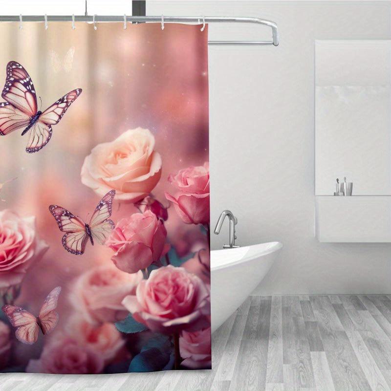 1PC Spring Easter Shower Curtain, Pink Roses & Butterflies, Durable Polyester, Easy Clean, for Bathroom & Window Decor
