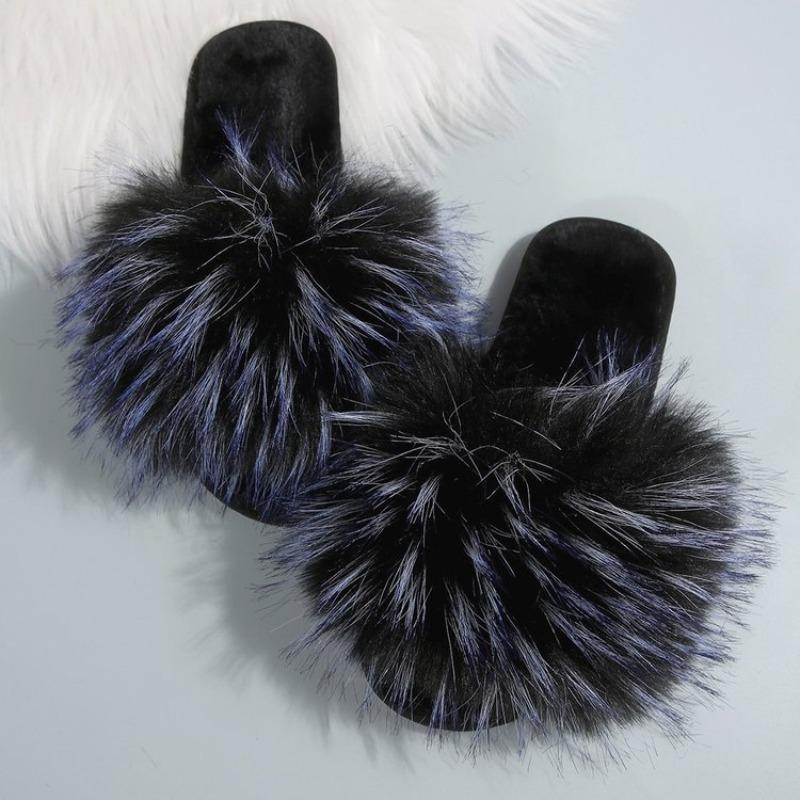 Women's Faux Fox Fur Slide Slippers, Fashionable Plush Indoor/Outdoor Non-Slip Flats