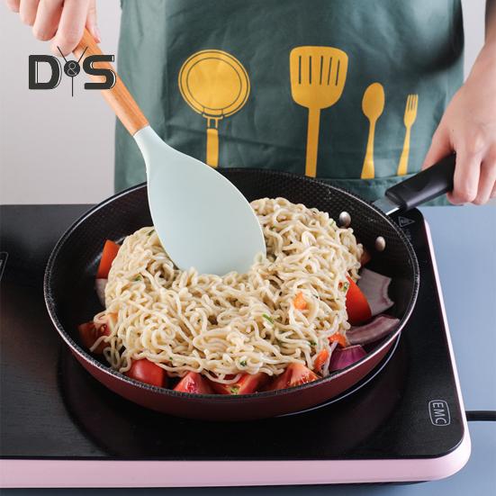 12Pcs Silicone Kitchenware Set Turner Spatula Spoon Non-Stick Heat Resistant Cooking Utensils with Wooden Handles Storage Bucket for All Cookware