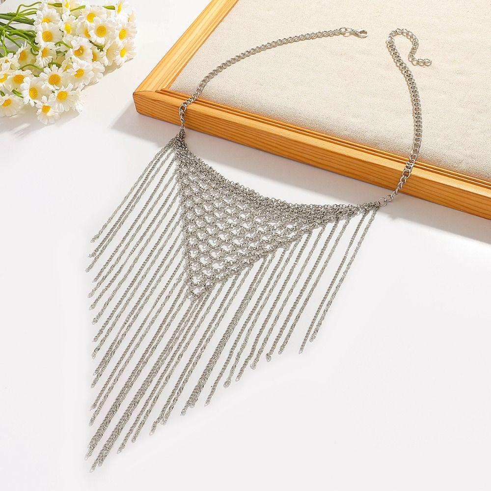 Silver Multi Layer Necklace Triangle Bohemian Collarbone Chain Simple Tassel Necklace  Girls